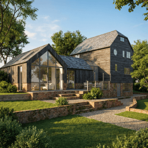 renovation of mill into contemporary home. Black timber and brick, modern extension