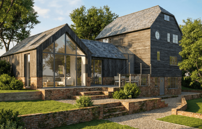 renovation of mill into contemporary home. Black timber and brick, modern extension